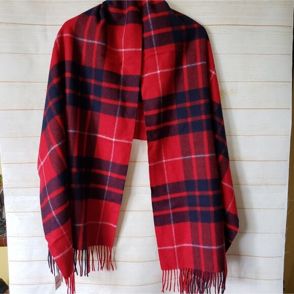 J. Crew 100% Wool Fringe Tartan Plaid Wrap Blanket Scarf Red Blue White 82"x 25" - Picture 2 of 5